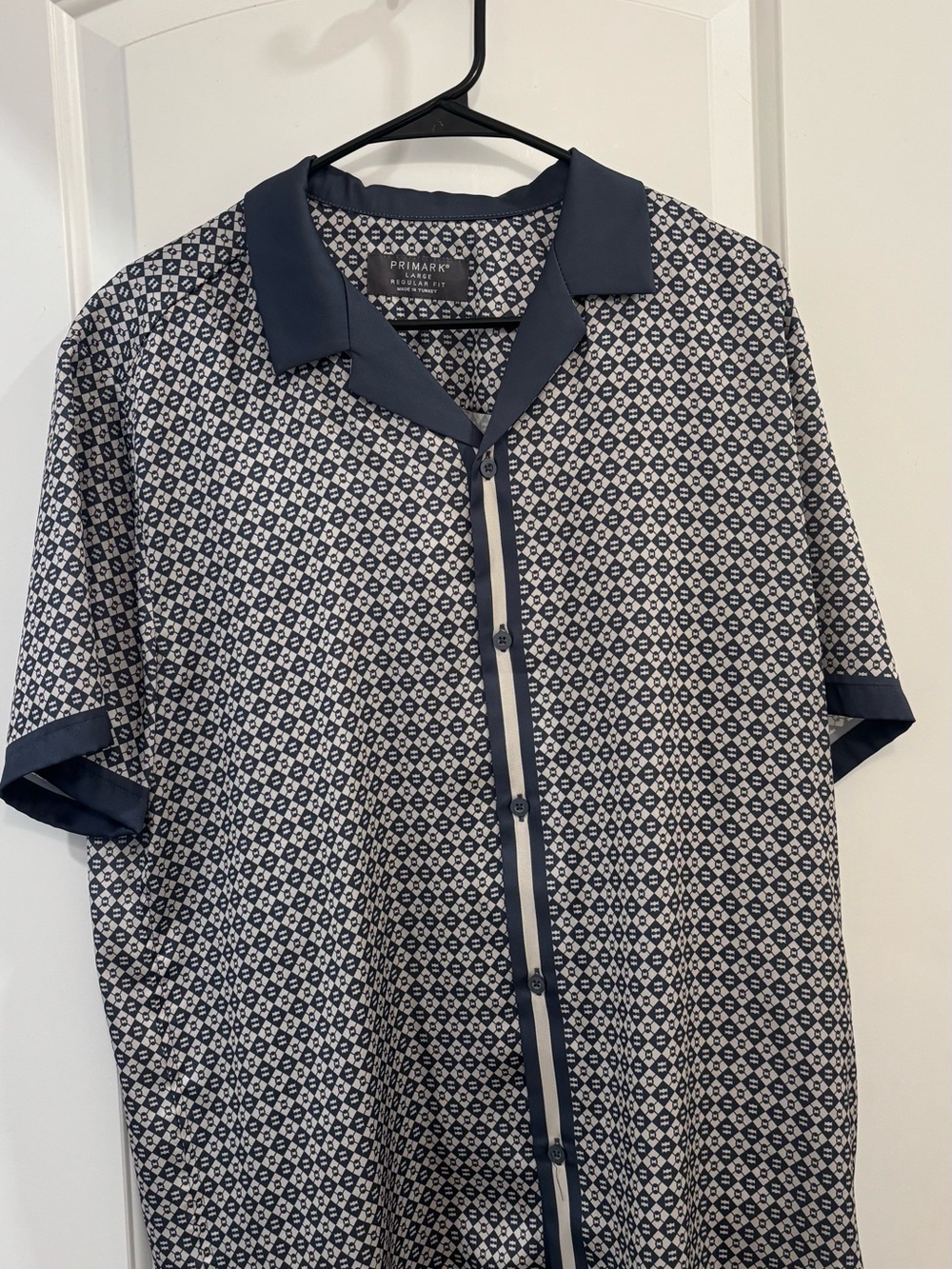Primark Navy and White Geometric Short-Sleeve Button-Down Shirt